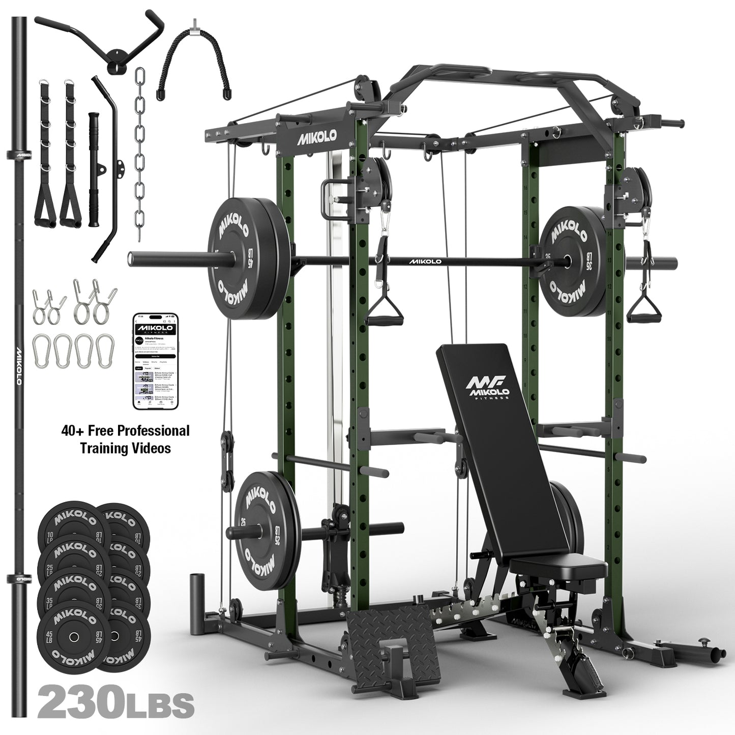 Mikolo Power Rack Cage, 1500LBS Weight Cage with 800LB Capacity Adjustable Weight Bench, 1500LB Capacity Barbell and 230LB Weight Plate set Red
