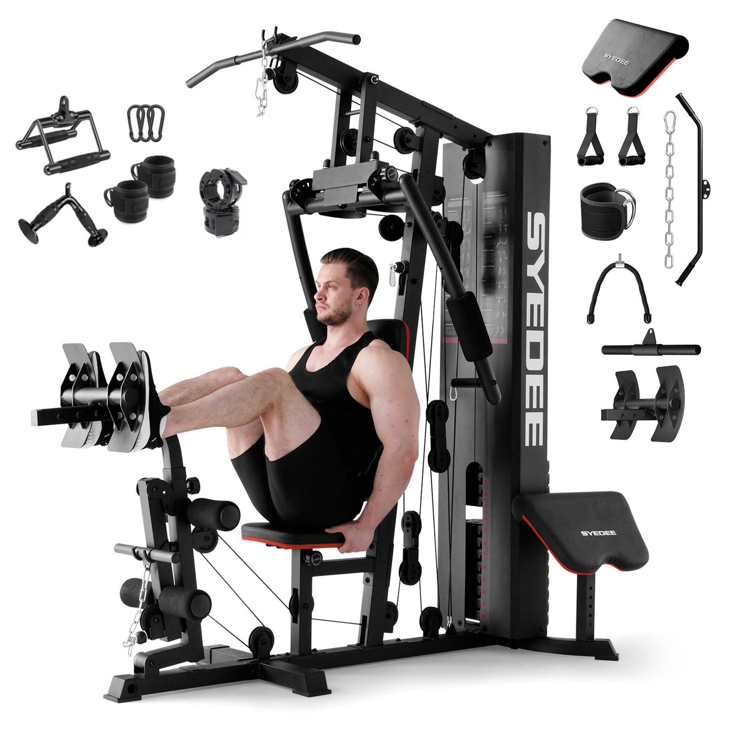 Syedee Home Gym Station, Workout Station With 150LBS Weight Stack, Home Gym System W/ Handle Set for All Body Training