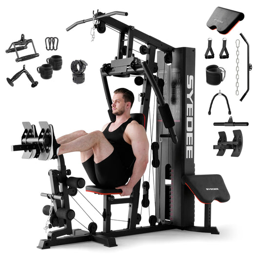 Syedee Home Gym Station, Workout Station with 150LBS Weight Stack, Home Gym Equipment W/ Handle Set