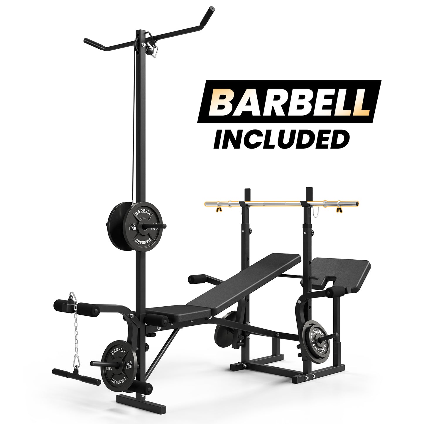 Mikolo Adjustable Weight Bench with Barbell 6 in 1 Lat Pull Down, Leg Extension and Leg Curl, Chest Fly and Preacher Curl Workout Bench Multi-Function Strength Training Bench Press Exercise Equipment