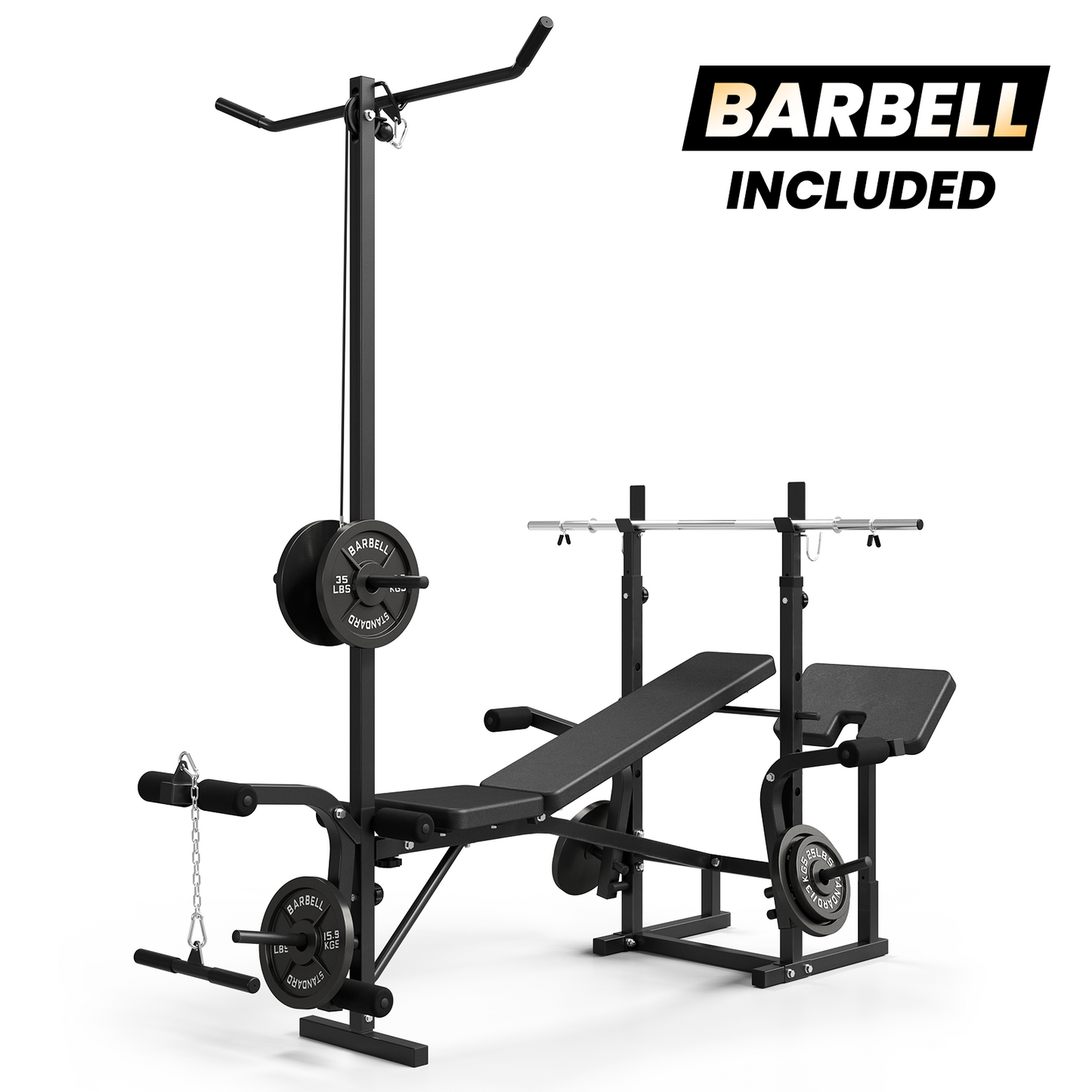 Mikolo Adjustable Weight Bench with Barbell 6 in 1 Lat Pull Down, Leg Extension and Leg Curl, Chest Fly and Preacher Curl Workout Bench Multi-Function Strength Training Bench Press Exercise Equipment