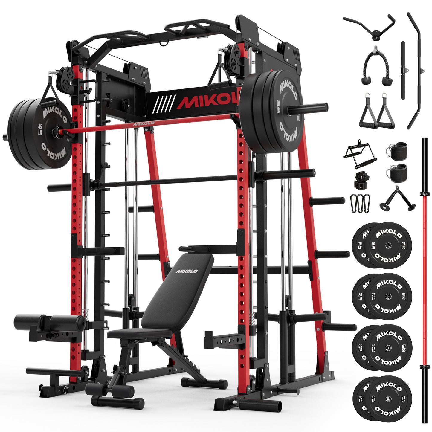 Mikolo M11 Smith Machine, Complete Starter Home Gym Package, 2200 lbs Power Rack with 230LBS Plates and Weight Bench, Total Body Strength Training Cage