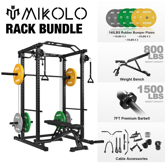 Mikolo Power Rack Cage with Dual Pulley System, 800lbs Adjustable Weight Bench, 1500lbs Barbell Bar and 140lbs Weight Plates for Home Gym Workout