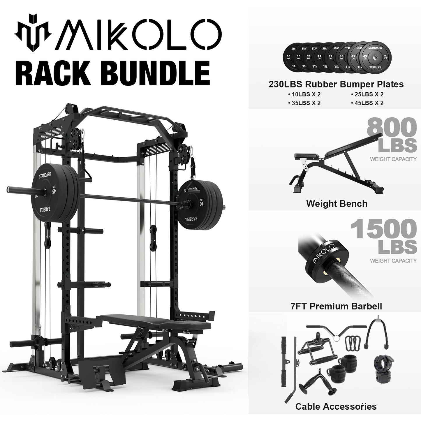 Mikolo Power Cage, Squat Rack with Dual Pulley Cable Crossover System, Multifunction Free Weight Home Gym Workout Machine with Attachments Black