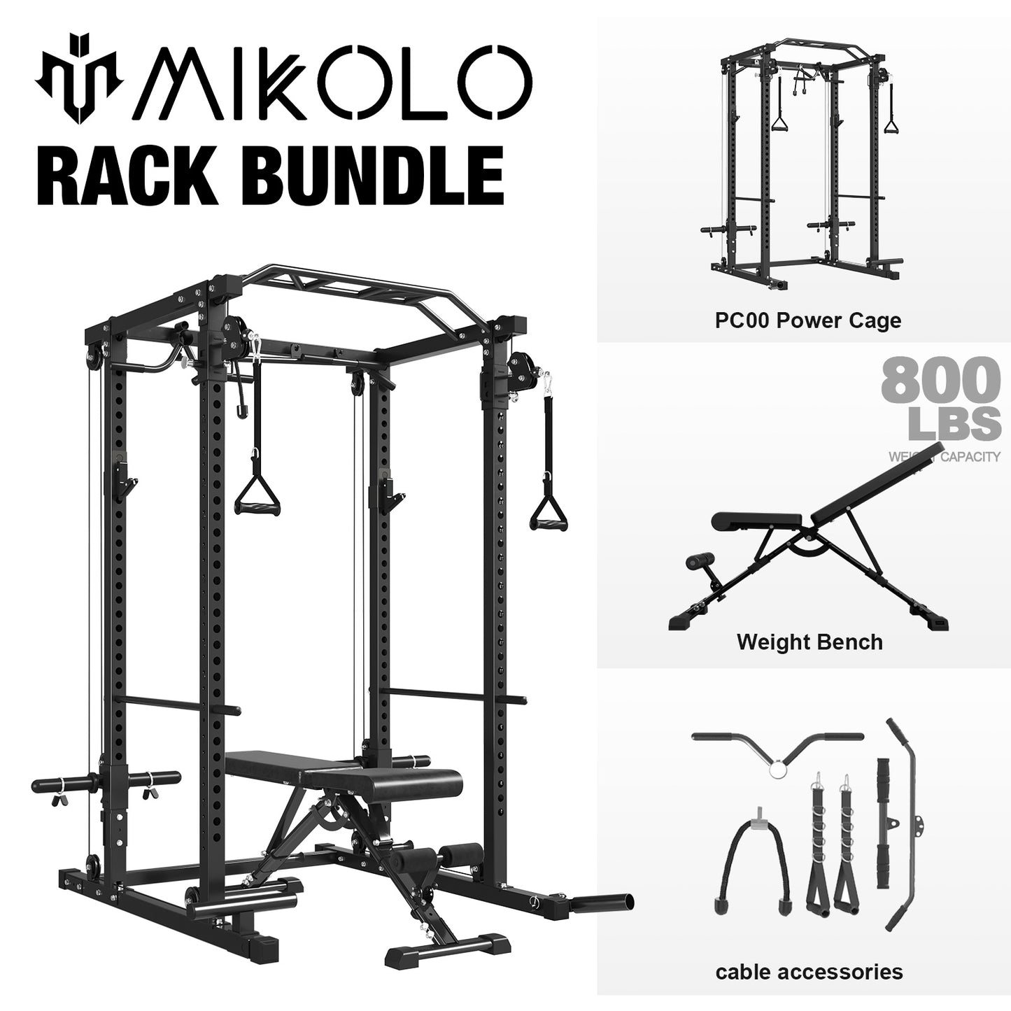 Mikolo Power Cage, Squat Rack, Dual Pulley Cable Crossover System, Multi-function Free Weight Home Gym Workout Machine with Strength Training Attachments