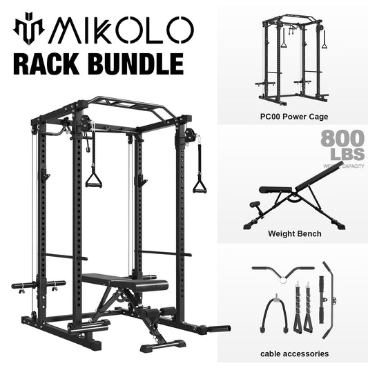 Mikolo Power Cage, Squat Rack, Dual Pulley Cable Crossover System, Multi-function Free Weight Home Gym Workout Machine with Strength Training Attachments