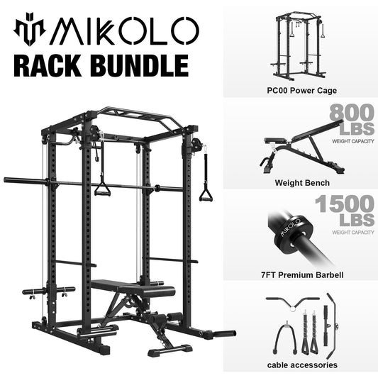 Mikolo Power Cage, Squat Rack, Dual Pulley Cable Crossover System, Multi-function Free Weight Home Gym Workout Machine with Strength Training Attachments