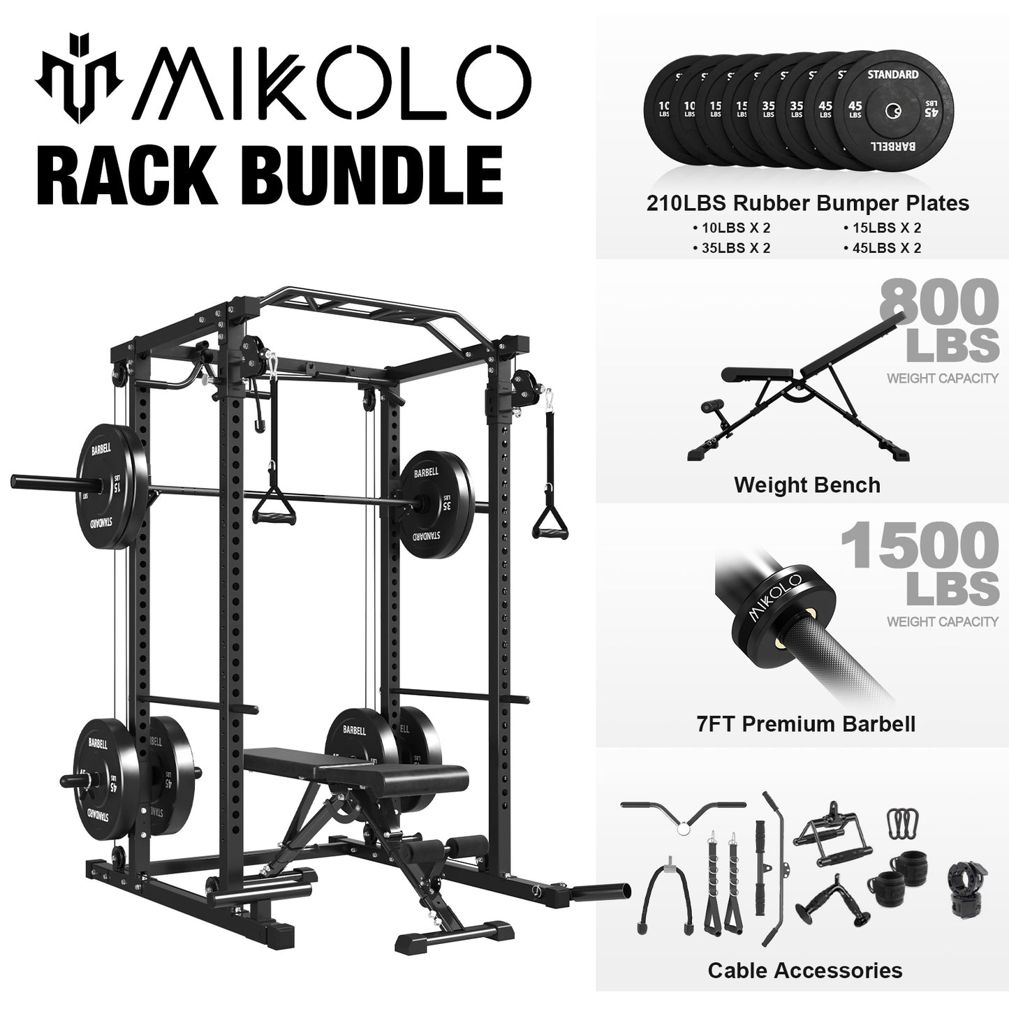 Mikolo Power Cage, Squat Rack, Dual Pulley Cable Crossover System, Multi-function Free Weight Home Gym Workout Machine with Strength Training Attachments