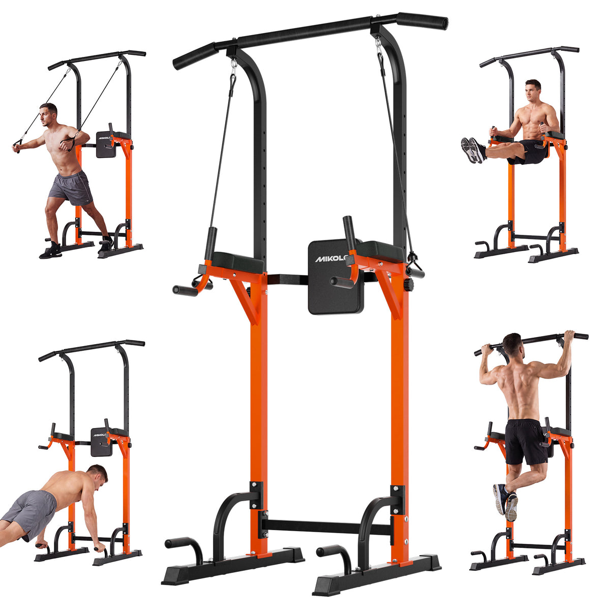 Mikolo Power Tower with Adjustable Backrest, Multifunction Body Champ Dip Station Pull up Bar Power Rack Max Weight 440lbs for Home Gym Strength Training Workout Equipment