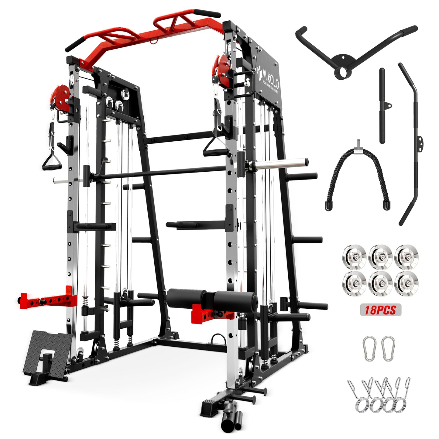 Mikolo Smith Machine, 2200lbs Squat Rack with LAT-Pull Down System & Cable Crossover Machine, Training Equipment with Leg Hold-Down Attachment