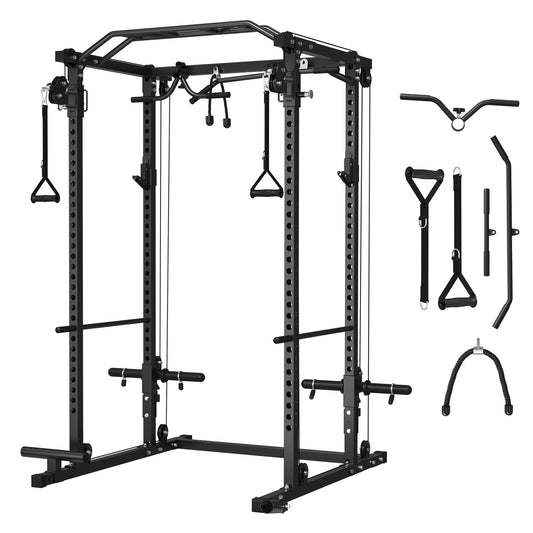 Mikolo Power Cage, Squat Rack, Dual Pulley Cable Crossover System, Multi-function Free Weight Home Gym Workout Machine with Strength Training Attachments