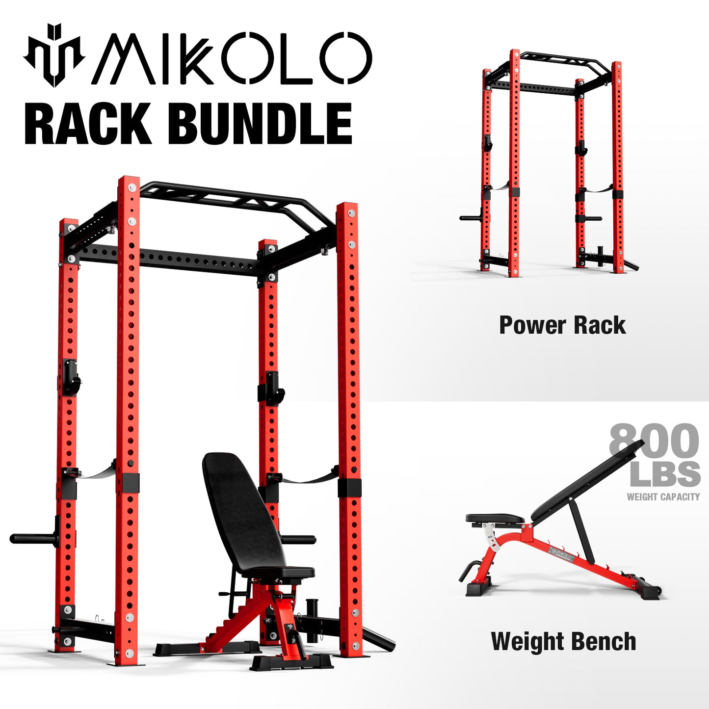 Mikolo Power Rack Cage, Elite Series 3" x 3" Commercial Squat Rack with 2400LB Capacity, and More Attachments for Home Gym(Red)