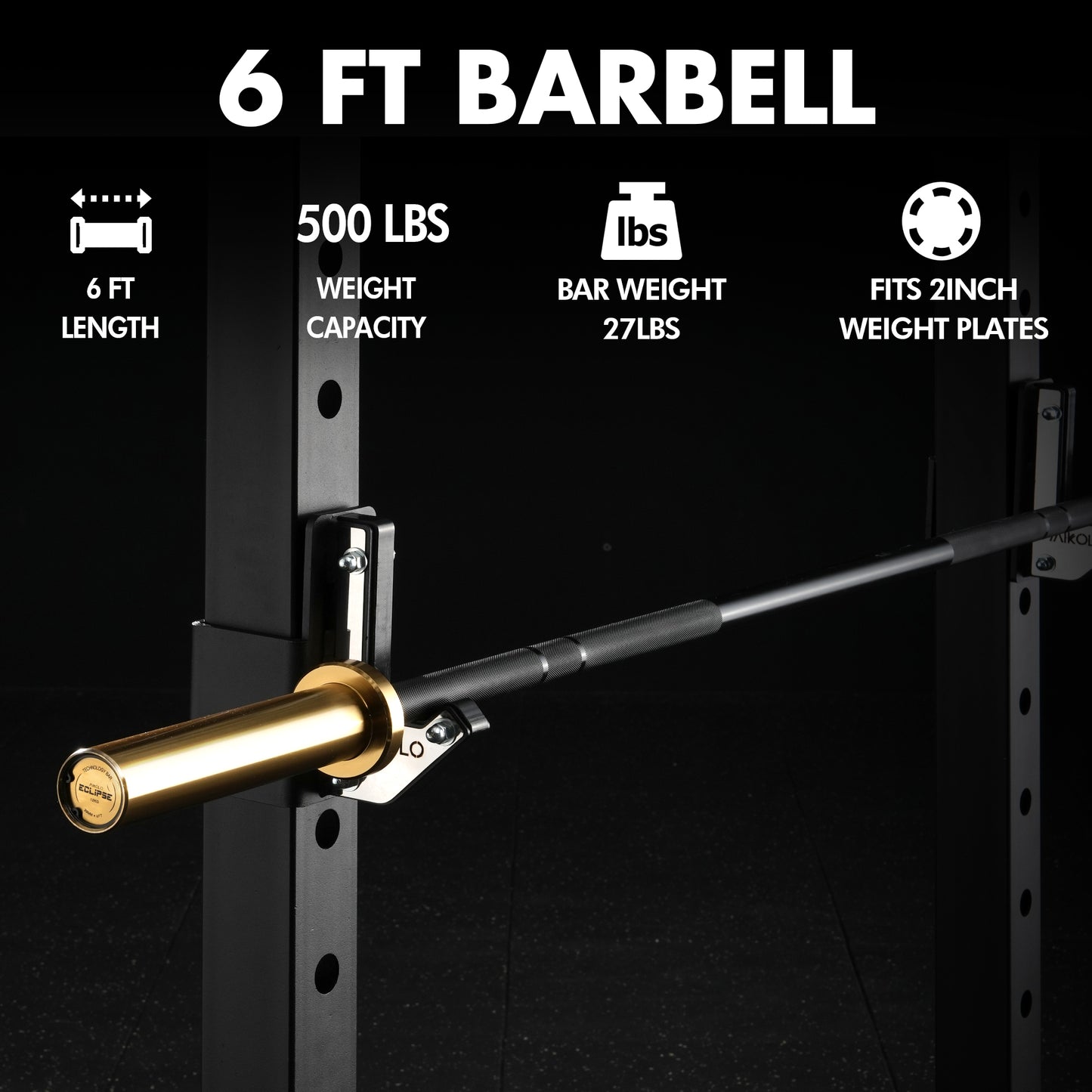 Mikolo Eclipse Series Gold 6ft Olympic Barbell, 27LB Compact and Lighter Barbell for Weightlifting and Powerlifting, Olympic Bar for 500lbs Capacity, Weight Bar Fit 2” Standard Weights