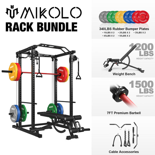 Mikolo Power Rack Cage with Dual Pulley System, 800lbs Adjustable Weight Bench, 1500lbs Barbell Bar and 340lbs Weight Plates for Home Gym Workout