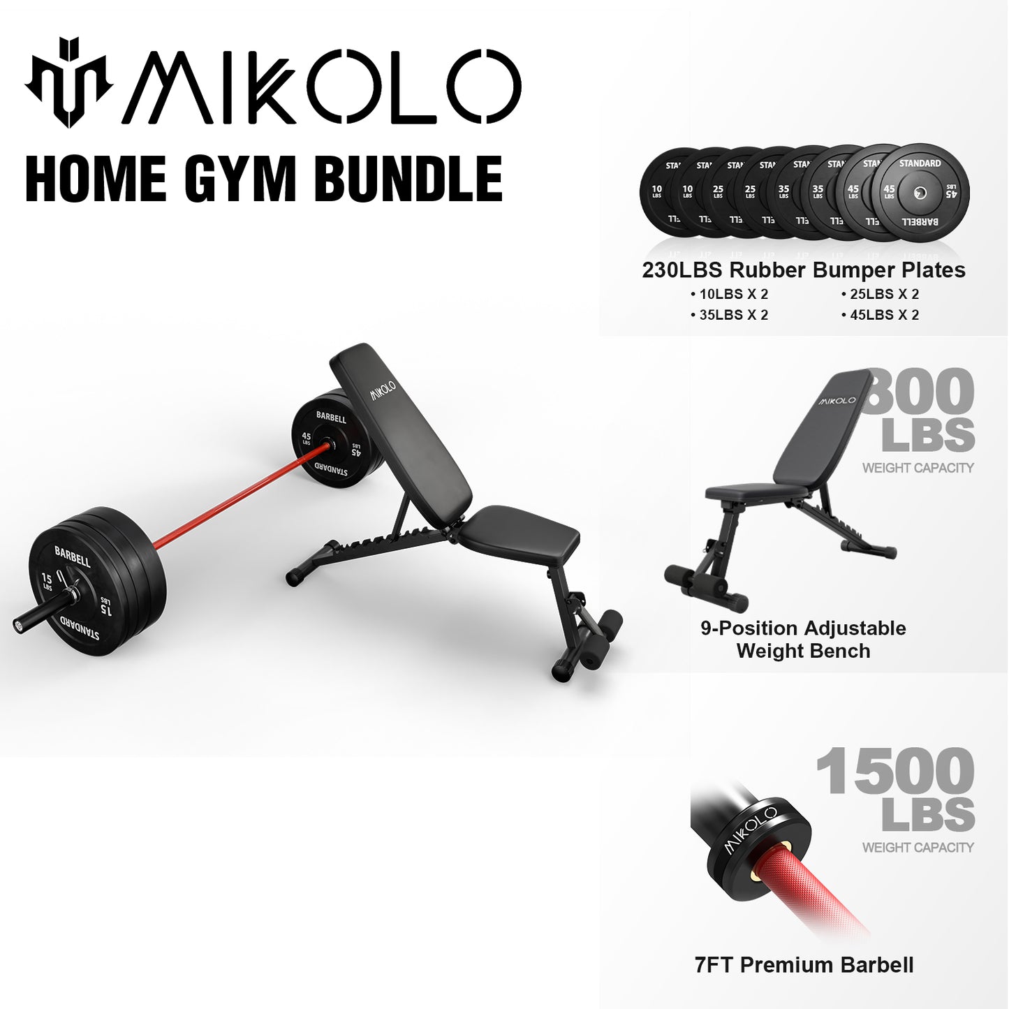 Mikolo 7ft Olympic Barbell, Barbell for Weightlifting and Powerlifting 45lb, Olympic Bar for 1500lbs Capacity, Weight Bar Fit 2” Standard Weights