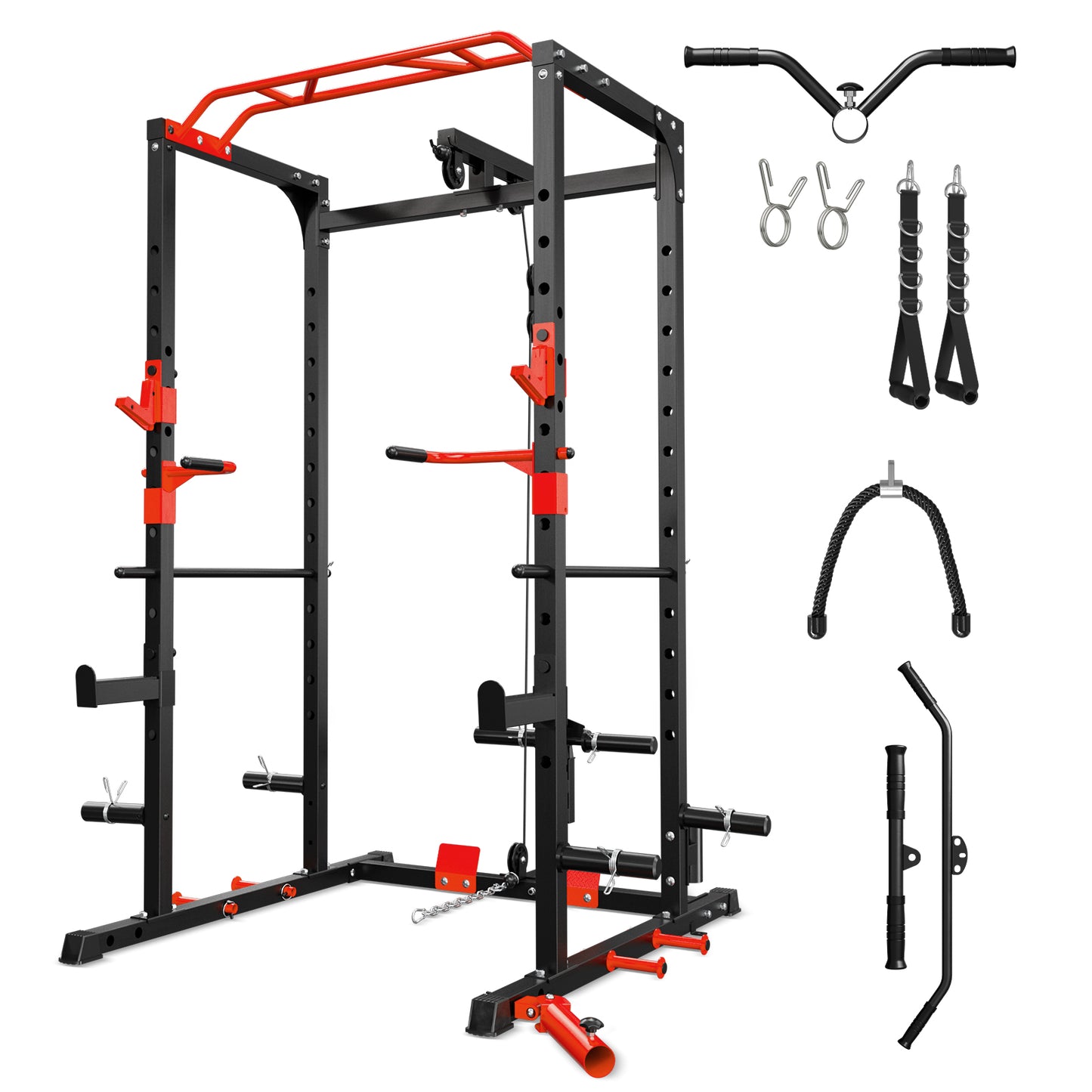 Mikolo Power Rack Cage with LAT Pulldown System, Multi-Functional Squat Rack with 13-Level Adjustable Height and J-Hooks, Dip Bars, T-Bar, Gym Equipment