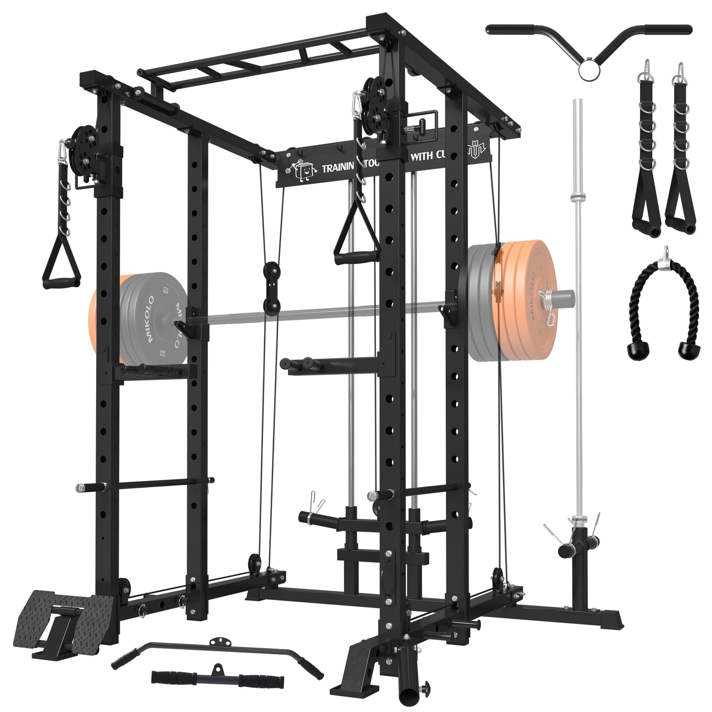 Mikolo Power Rack Cage, Gym Rack with Cable Crossover Machine,Multi-Function Squat Rack with J Hooks,Dip Bars and Landmine for Home Gym