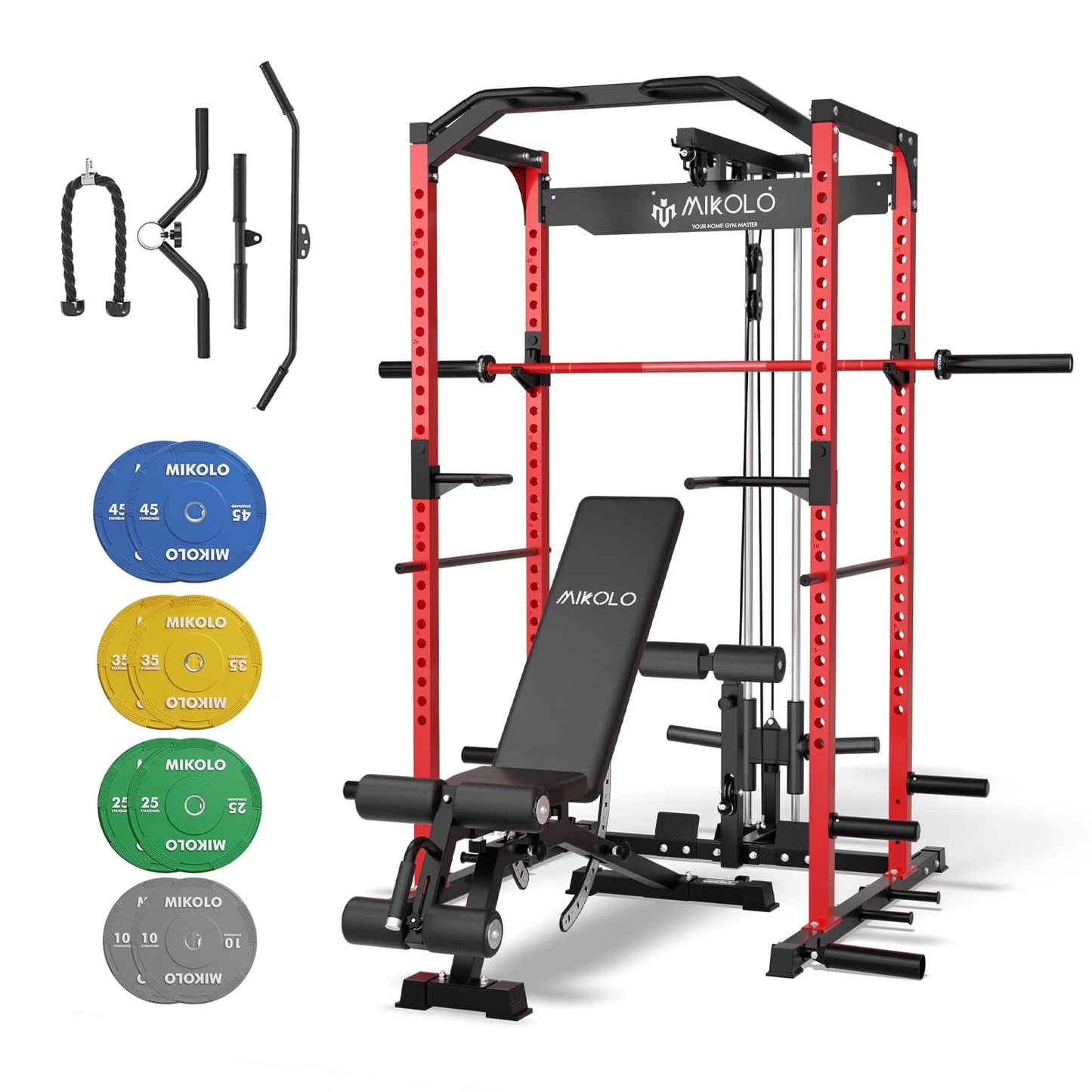 Mikolo Power Rack Cage with LAT Pulldown System,1200 lbs Capacity Power Rack with 1200 lbs Capacity Weight Bench and 1500 lbs Capacity Barbell Combo (Upgraded)