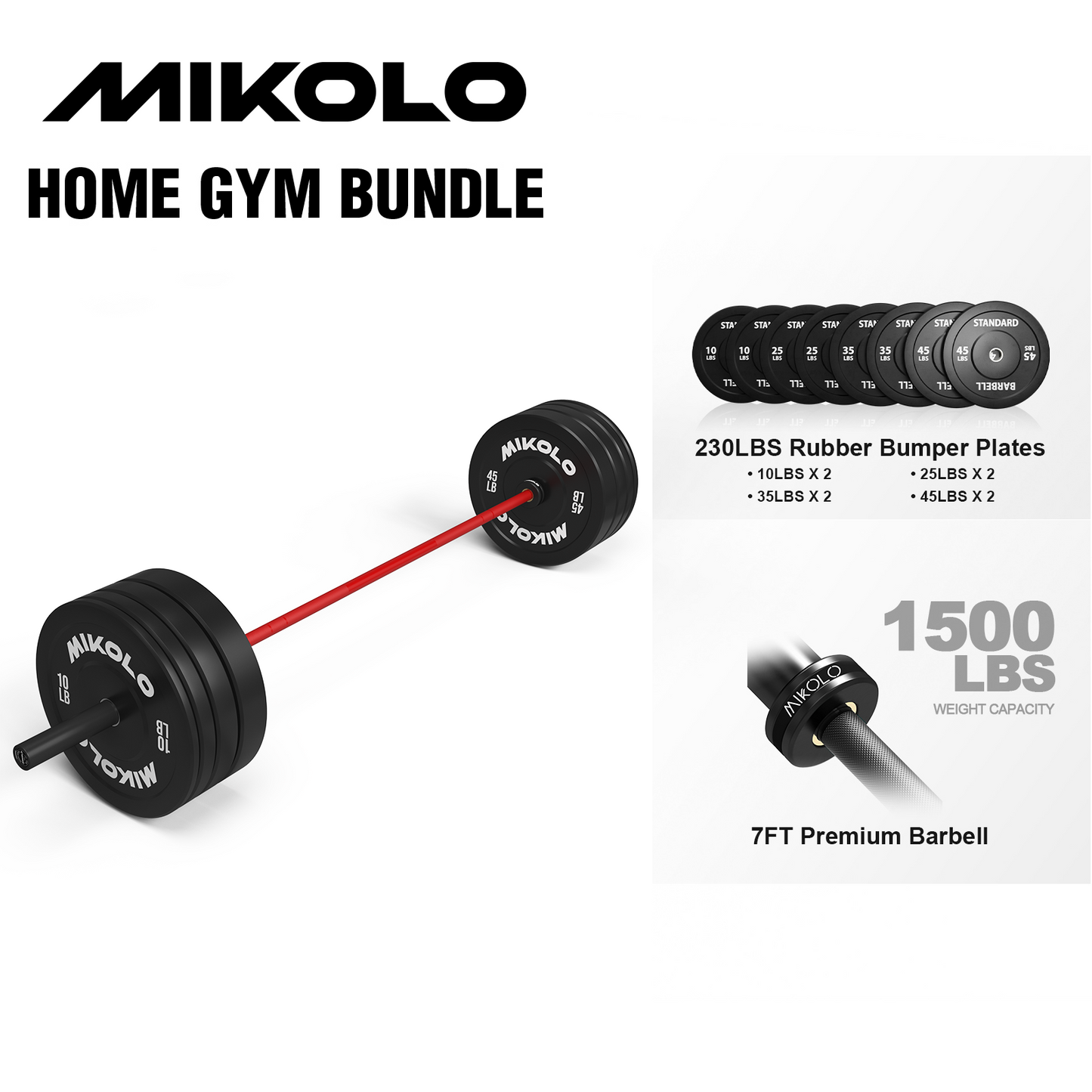 Mikolo 7ft Olympic Barbell, Barbell for Weightlifting and Powerlifting 45lb, Olympic Bar for 1500lbs Capacity, Weight Bar Fit 2” Standard Weights