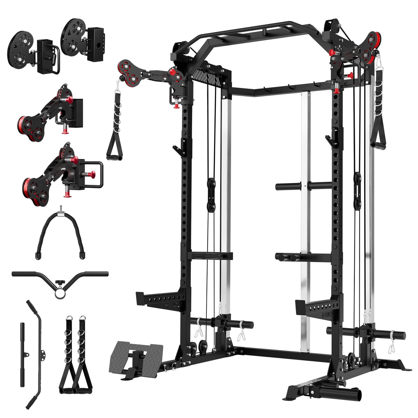 Mikolo Power Rack Cage, Weight Rack with Dual Pulley Cable Crossover Machine,Multi-Function Squat Rack with J Hooks,Dip Bars and Landmine for Home Gym, Functional Trainer Arm(Black)
