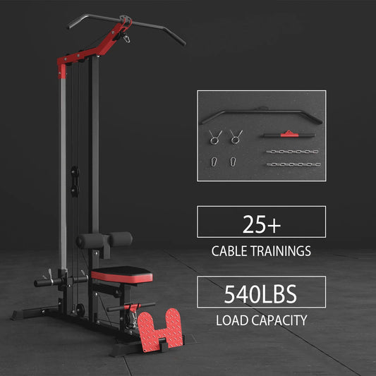 Mikolo Lat Pulldown Machine, Multifunction Row Cable Fitness Equipment with Flip-up Footplate and Plates Storage Posts