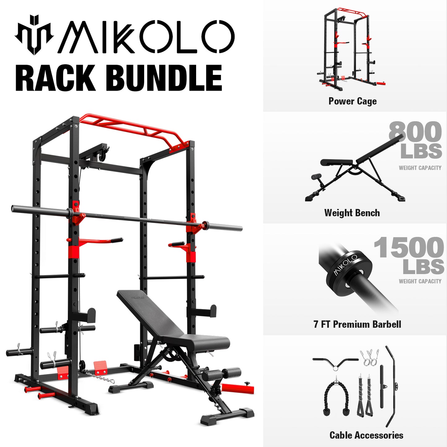Mikolo Power Rack Cage with LAT Pulldown System, Multi-Functional Squat Rack with 13-Level Adjustable Height and J-Hooks, Dip Bars, T-Bar, Gym Equipment