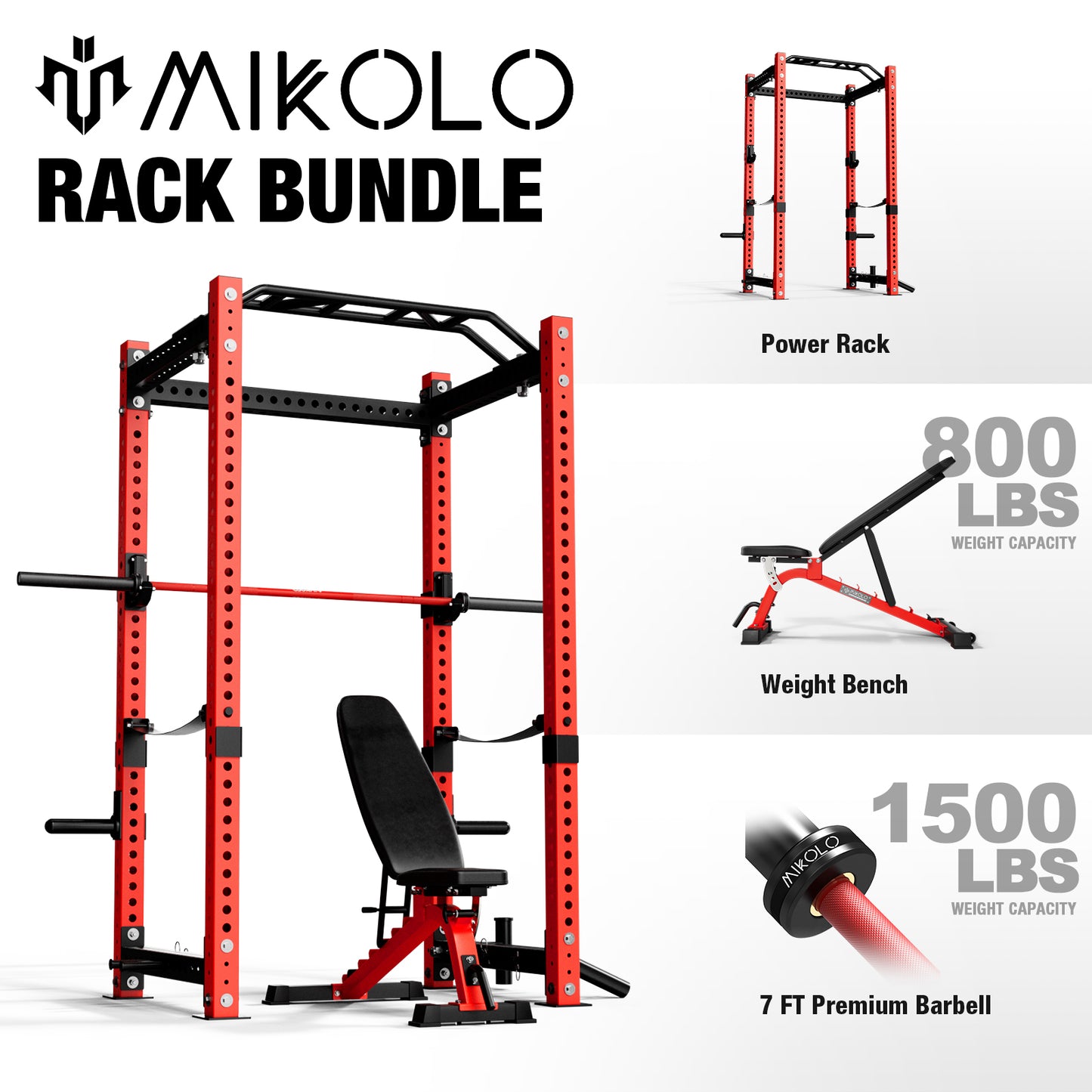 Mikolo Power Rack Cage, Elite Series 3" x 3" Commercial Squat Rack with 2400LB Capacity, and More Attachments for Home Gym(Red)