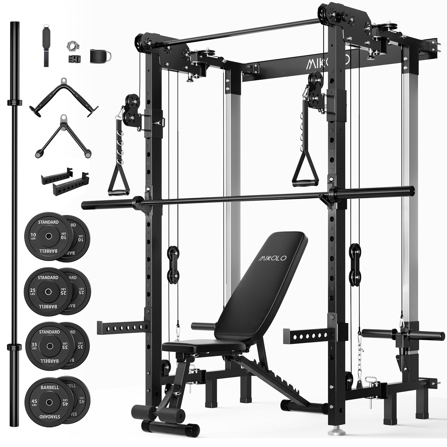 Mikolo Foldable Power Rack Cage,1000lbs Capacity Wall Mounted Squat Rack with independent pulley system, Space Saving Home Gym Equipment with 5 Adjustable Angle