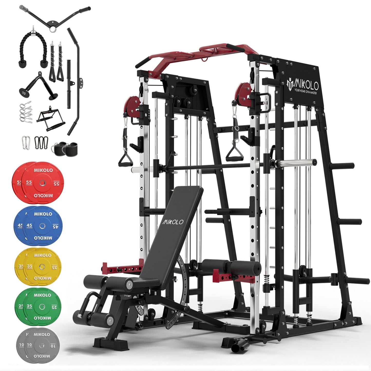 Mikolo Smith Machine Home Gym, 2200 lbs Power Rack Cage with Cable Crossover, Power Rack with 1200LB Capacity Adjustable Weight Bench and 340 lbs Weight Plate, Total Body Strength Training Equipment
