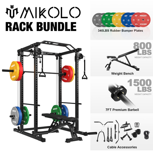 Mikolo Power Rack Cage with Dual Pulley System, 800lbs Adjustable Weight Bench, 1500lbs Barbell Bar and 340lbs Weight Plates for Home Gym Workout