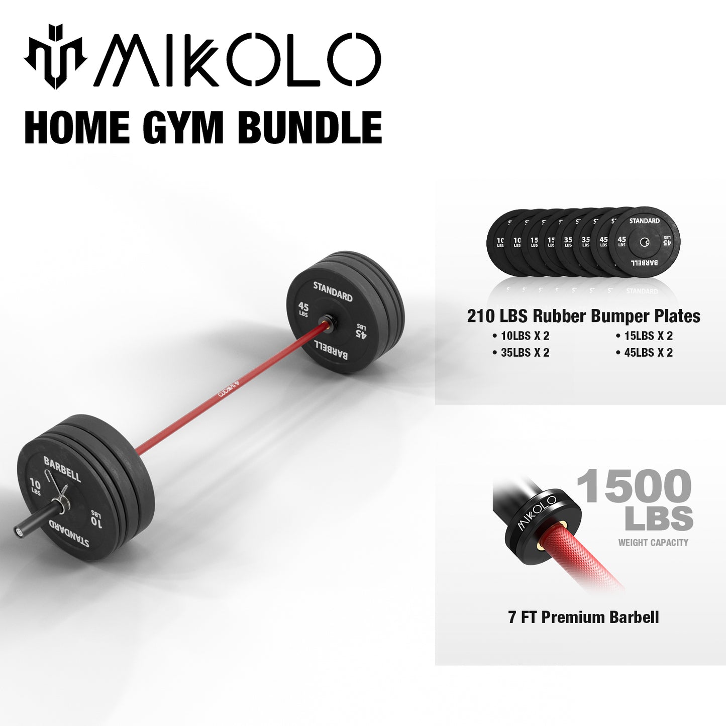 Mikolo 7ft Olympic Barbell, Barbell for Weightlifting and Powerlifting 45lb, Olympic Bar for 1500lbs Capacity, Weight Bar Fit 2” Standard Weights