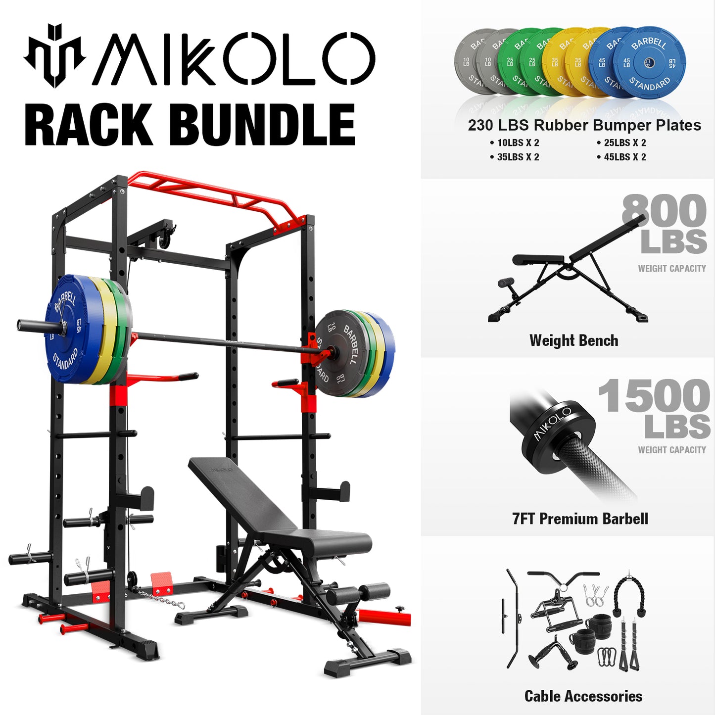 Mikolo Power Rack Cage with LAT Pulldown System, Multi-Functional Squat Rack with 13-Level Adjustable Height and J-Hooks, Dip Bars, T-Bar, Gym Equipment