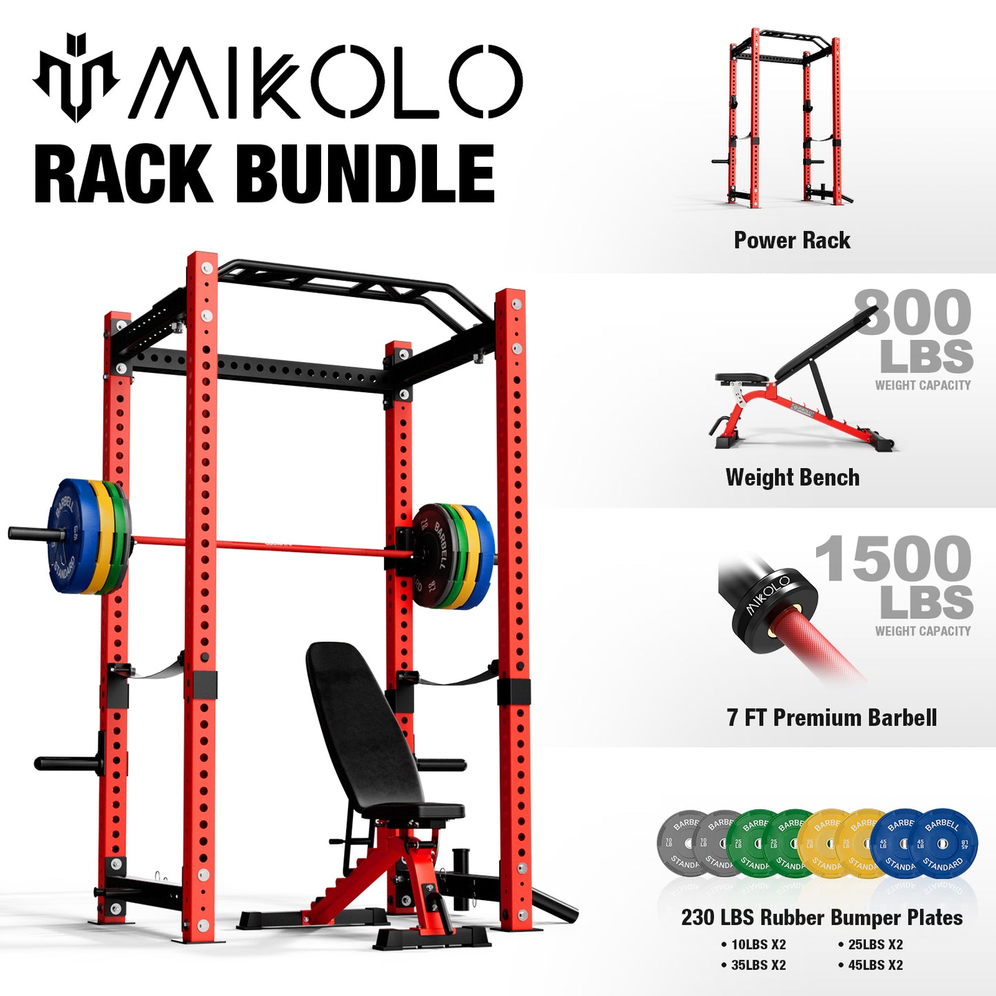 Mikolo Power Rack Cage, Elite Series 3" x 3" Commercial Squat Rack with 2400LB Capacity, and More Attachments for Home Gym(Red)