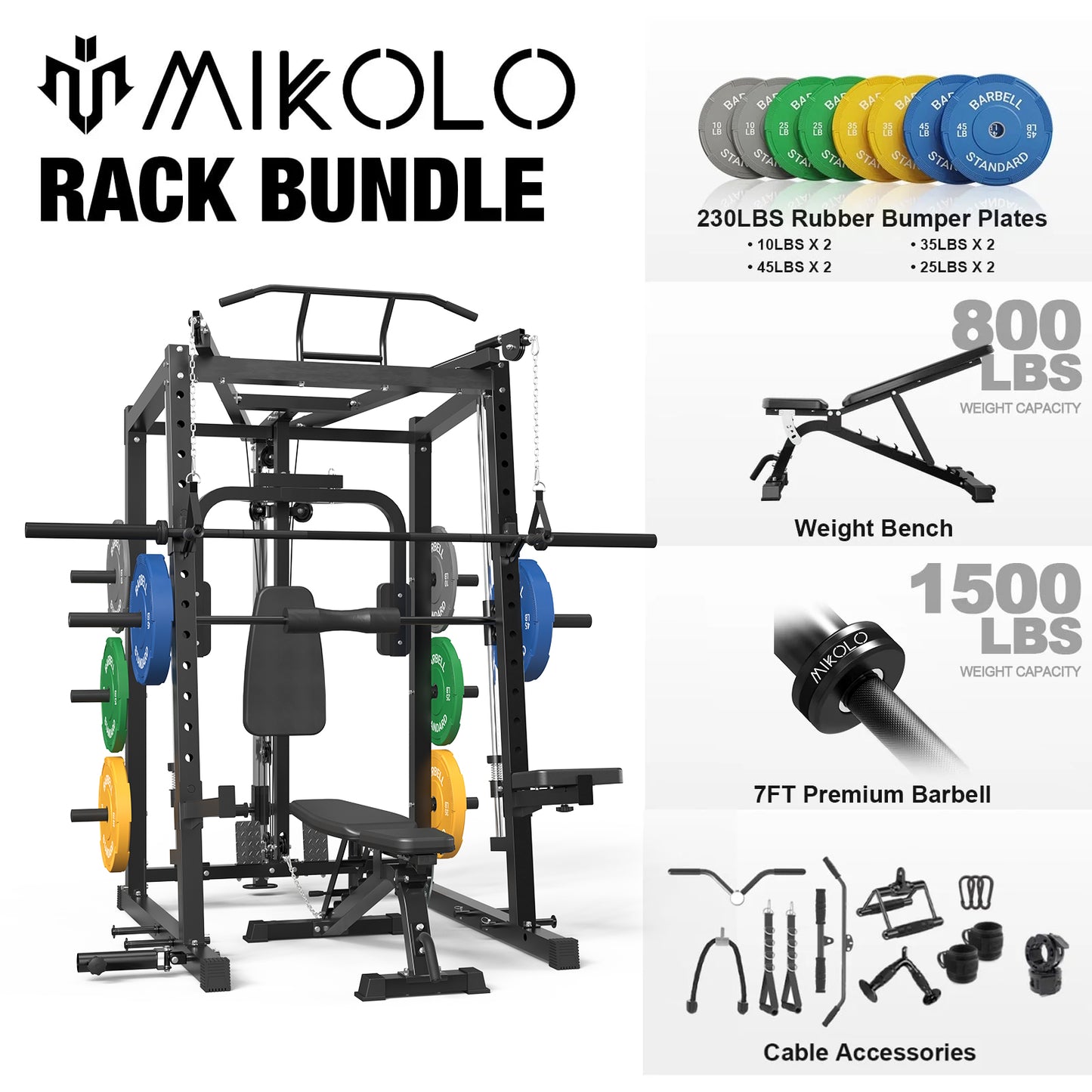 Mikolo Smith Machine, 2000LBS Power Cage Squat Rack with Smith Bar, Chest Fly Machine with Two LAT Pull-Down Systems, Cable Crossover Machine and More Cable Attachment for Home gym