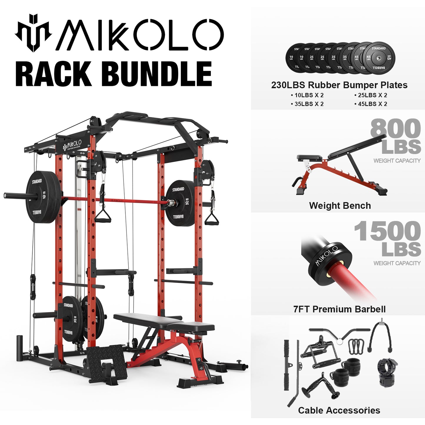 Mikolo Power Rack Cage, Weight Cage with 800LB Capacity Adjustable Weight Bench, 1500LB Capacity Barbell and 230LB Weight Plate set Combo, Home Gym Package