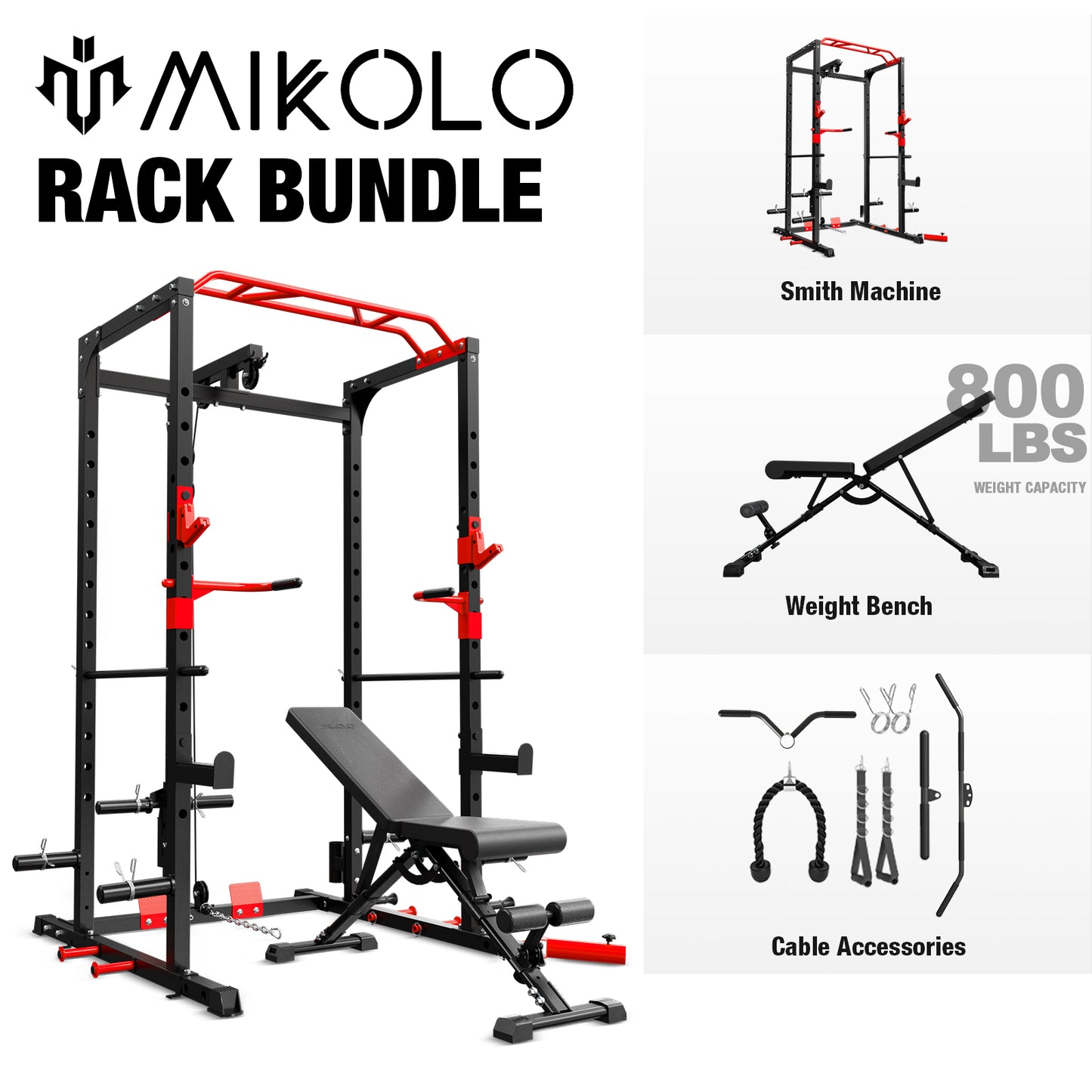 Mikolo Power Rack Cage with LAT Pulldown System, Multi-Functional Squat Rack with 13-Level Adjustable Height and J-Hooks, Dip Bars, T-Bar, Gym Equipment