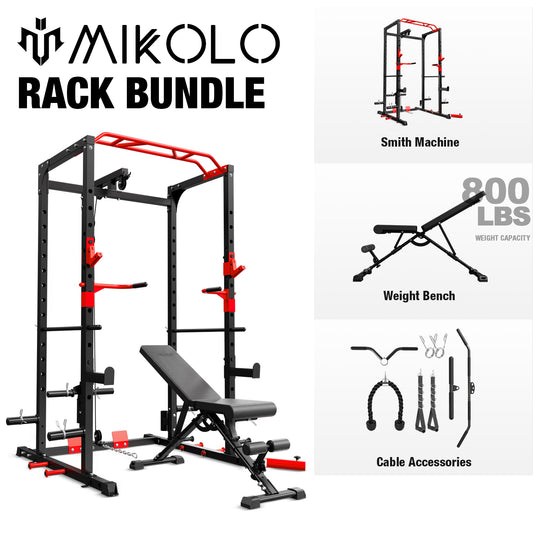 Mikolo Power Rack Cage with LAT Pulldown System, Multi-Functional Squat Rack with 13-Level Adjustable Height and J-Hooks, Dip Bars, T-Bar, Gym Equipment