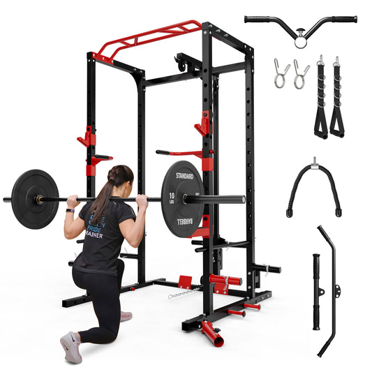Mikolo Power Rack Cage with LAT Pulldown System, Multi-Functional Squat Rack with 13-Level Adjustable Height and J-Hooks, Dip Bars, T-Bar, Gym Equipment