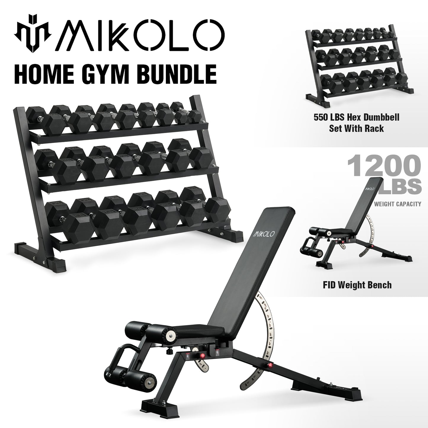 Mikolo Rubber Hex Dumbbell Set with Racks and FID Weighted Bench, Options in 550lbs, Strength Training Weight Set Home Gym