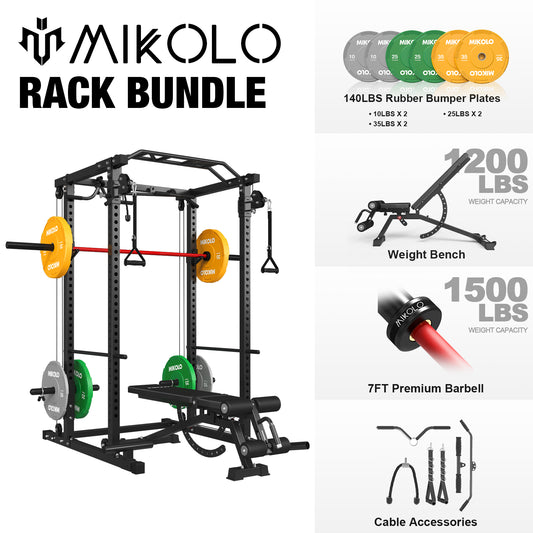 Mikolo Power Rack Cage with Dual Pulley System, 800lbs Adjustable Weight Bench, 1500lbs Barbell Bar and 140lbs Weight Plates for Home Gym Workout