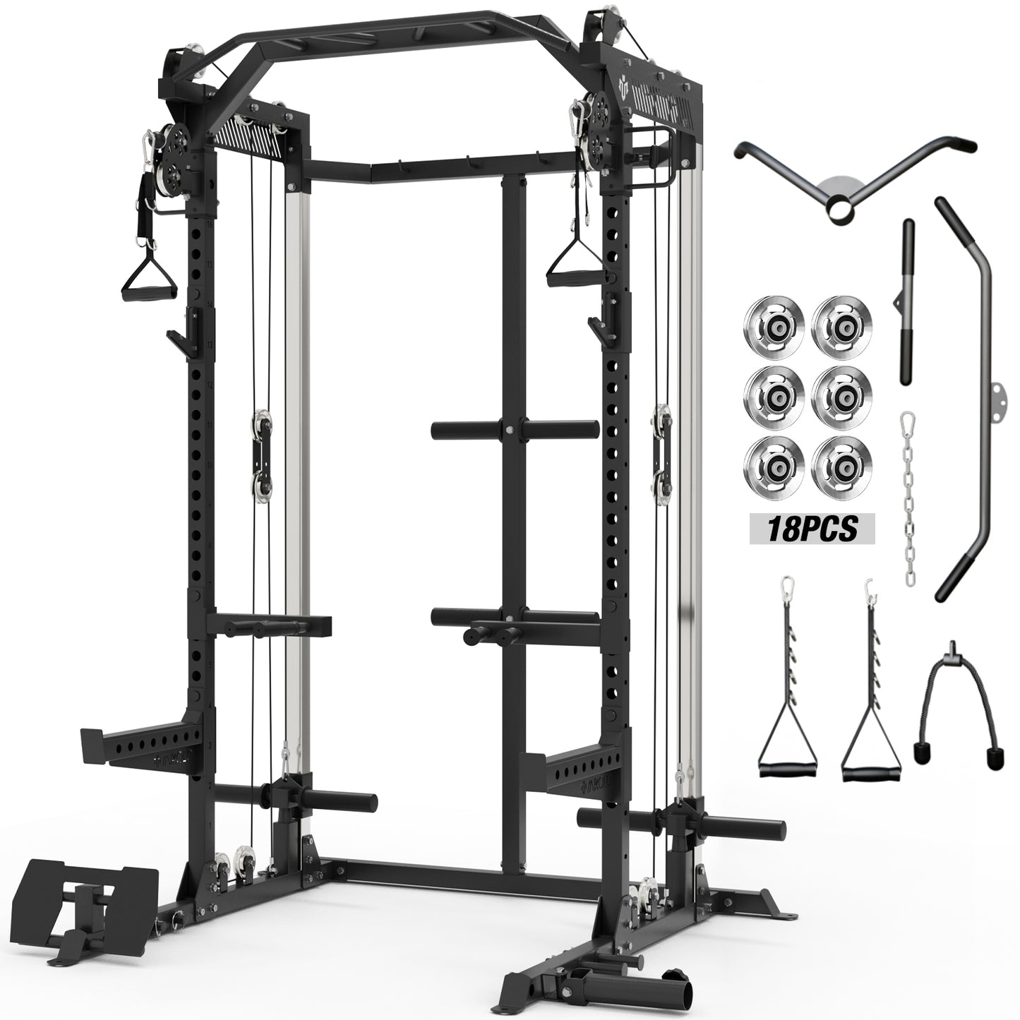 Mikolo Power Rack Cage, Weight Rack with Dual Pulley Cable Crossover Machine,Multi-Function Squat Rack with J Hooks,Dip Bars and Landmine for Home Gym (Black) Aluminum Pulleys