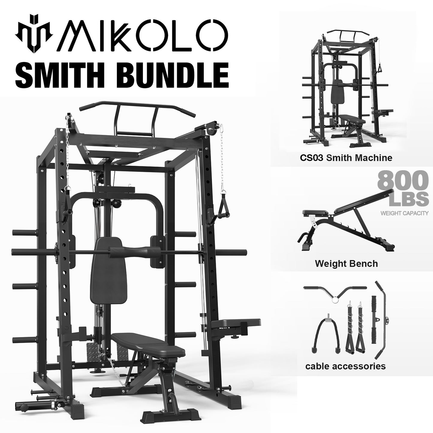 Mikolo Smith Machine, 2000LBS Power Cage Squat Rack with Chest Fly Arm, Two LAT Pull-Down Systems, Cable Crossover Machine and and More Cable Attachment for Home Gym