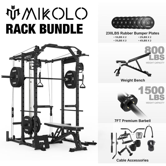 Mikolo Power Rack Cage, 1500LBS Weight Cage with 800LB Capacity Adjustable Weight Bench, 1500LB Capacity Barbell and 230LB Weight Plate set