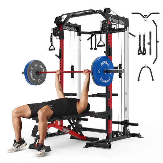 Mikolo Power Cage, Squat Rack with Dual Pulley Cable Crossover System, Multifunction Free Weight Home Gym Workout Machine with Attachments