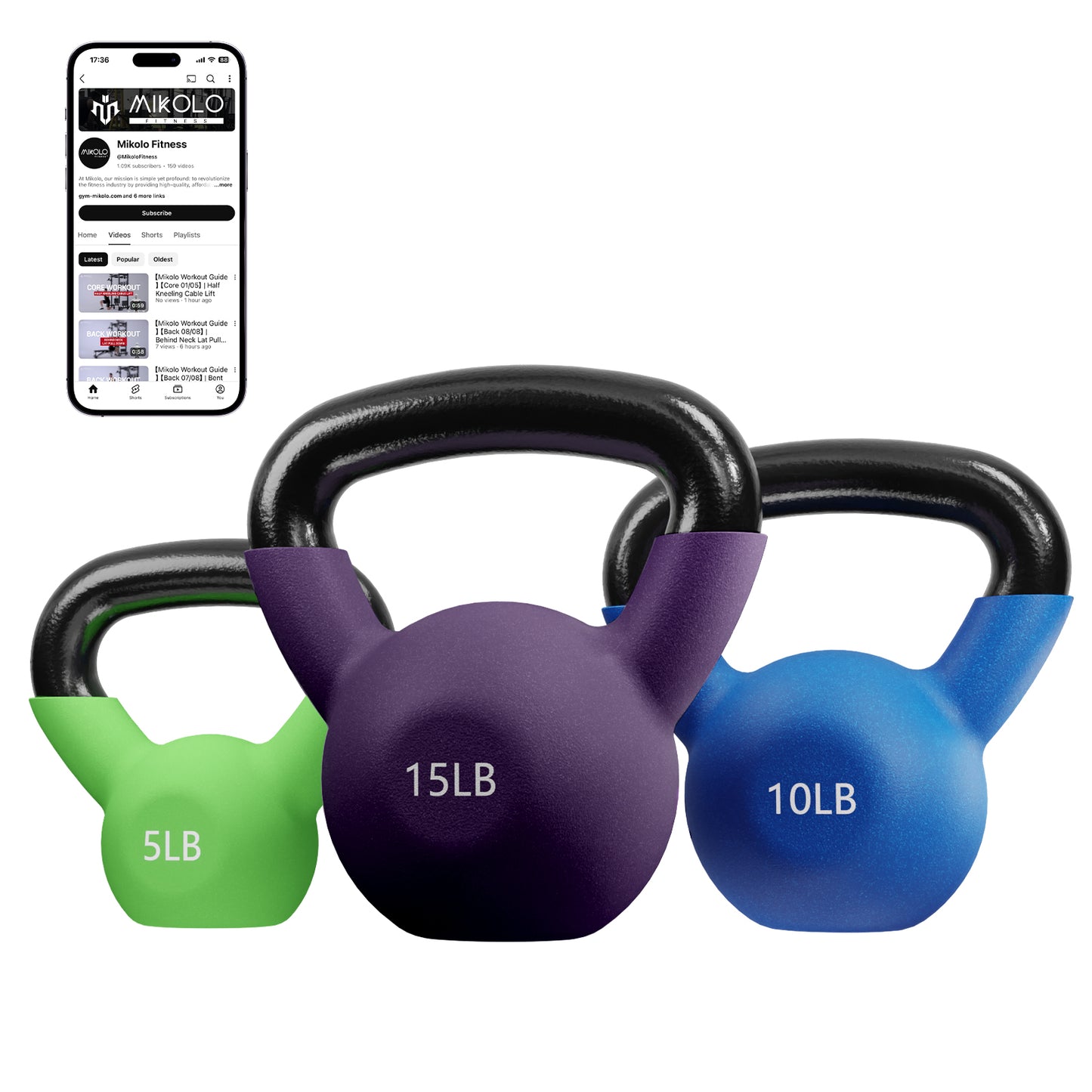 Mikolo Cast Iron Kettlebell Vinyl Coated Strength Training Kettlebells for Exercises, Fitness, Full Body Workout Equipment,Wide Grip Handle & Flat Bottom Ergonomic kettlebell sets for Home Gym 15LB