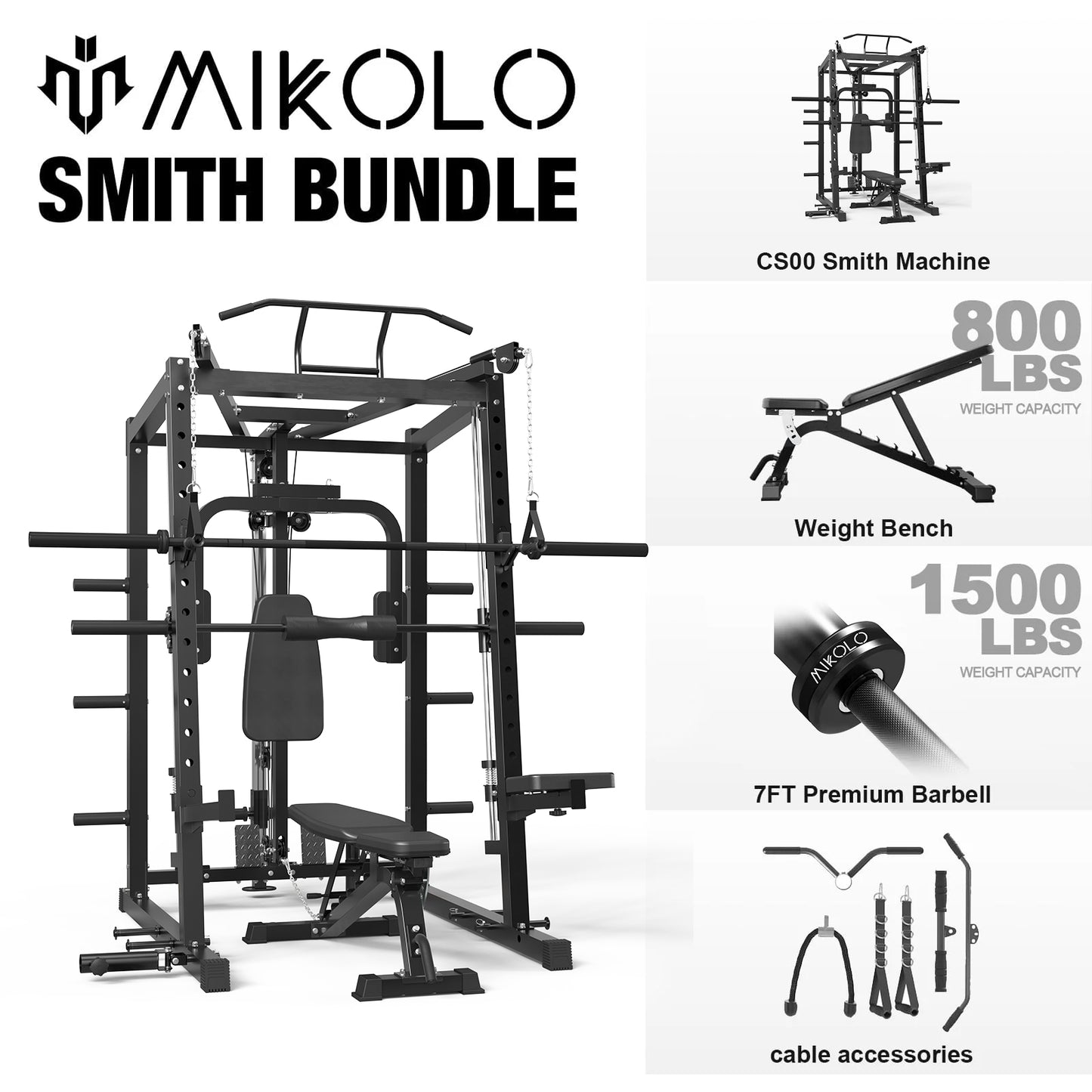 Mikolo Smith Machine, 2000LBS Power Cage Squat Rack with Chest Fly Arm, Two LAT Pull-Down Systems, Cable Crossover Machine and and More Cable Attachment for Home Gym