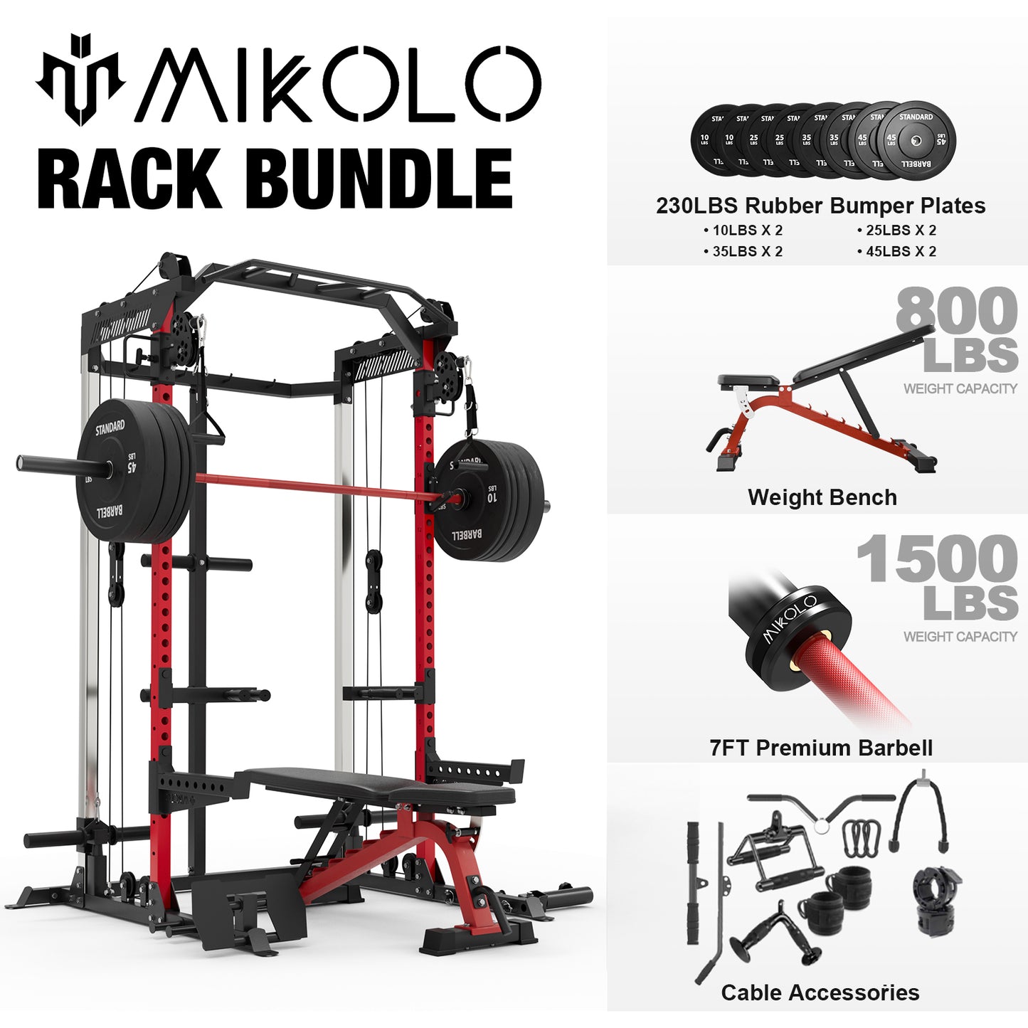 Mikolo Power Cage, Squat Rack with Dual Pulley Cable Crossover System, Multifunction Free Weight Home Gym Workout Machine with Attachments