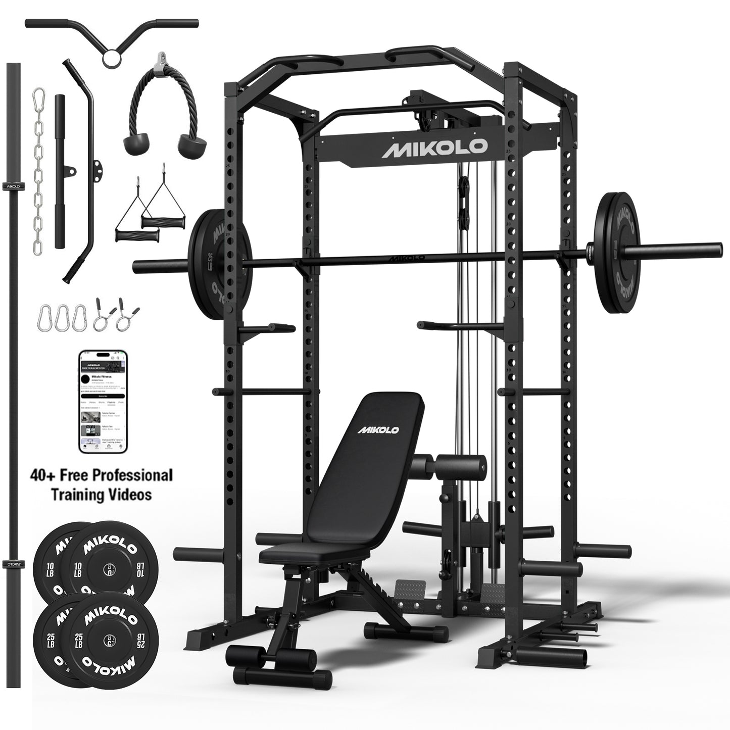 Mikolo Power Rack Cage, 1200LBS Weight Cage with 800LB Capacity Adjustable Weight Bench, 1500LB Capacity Barbell and 230LB Black Plate set