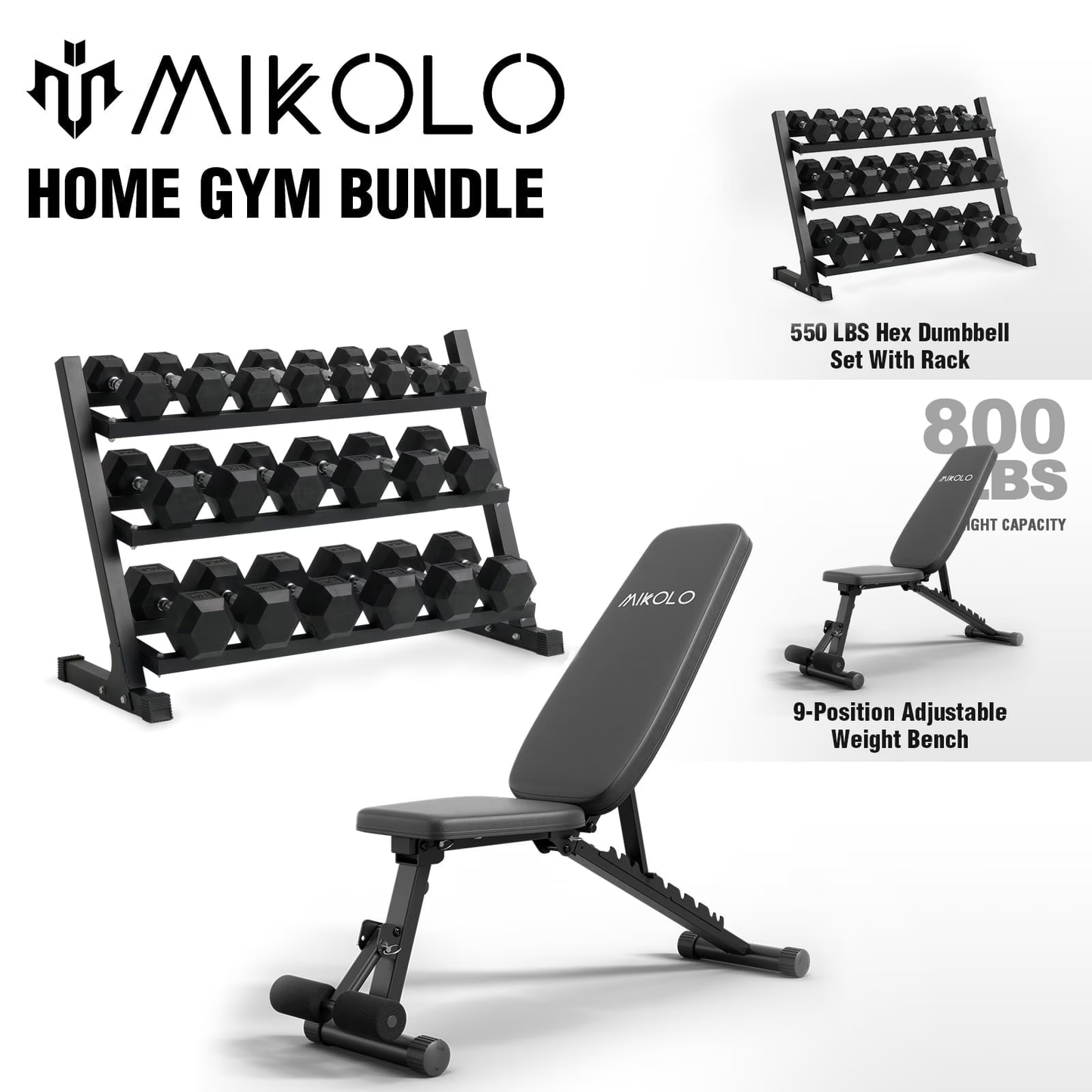 Mikolo Rubber Hex Dumbbell Set with Racks, Options in 550lbs, Strength Training Weight Set Home Gym