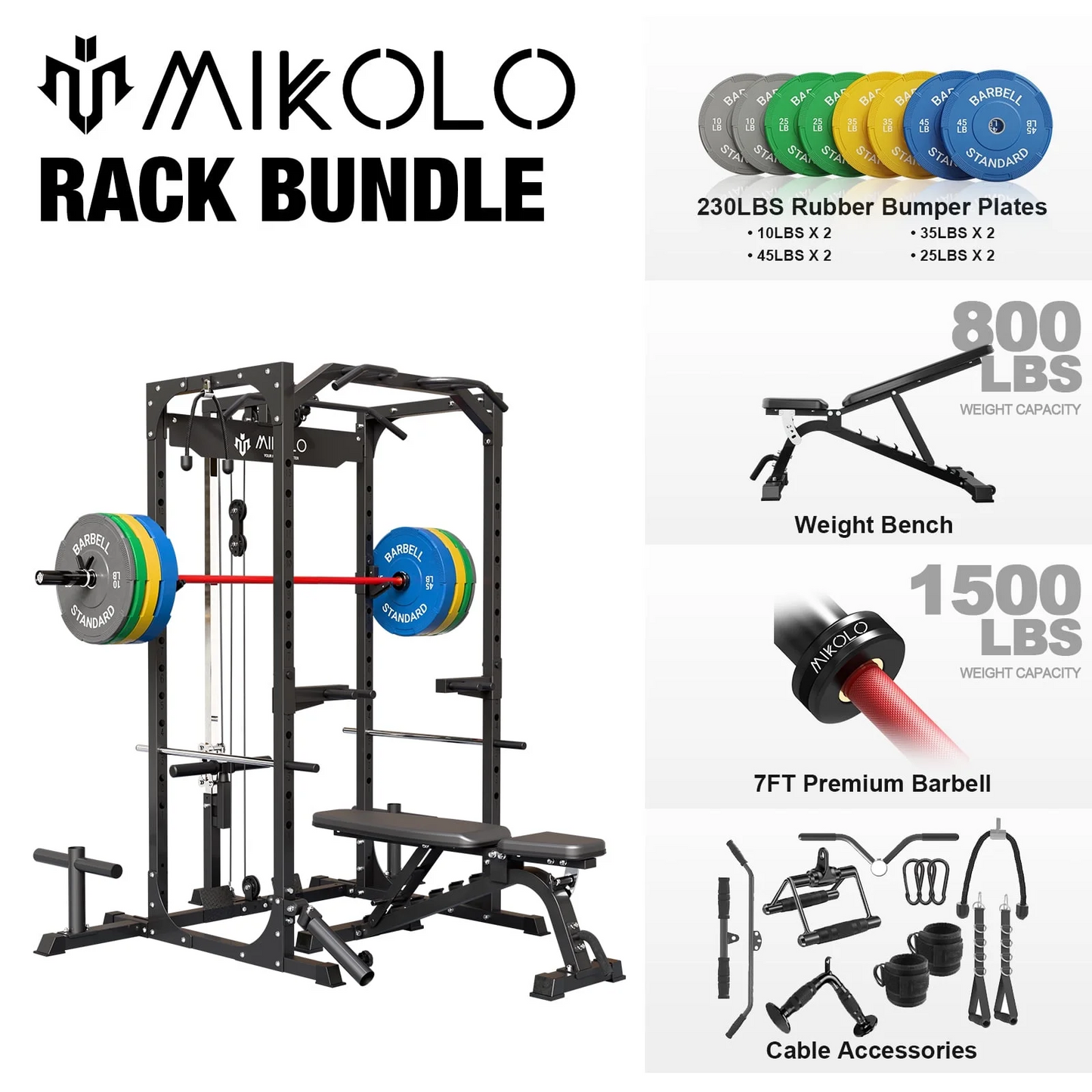Mikolo Power Rack Cage, 1200LBS Weight Cage with 800LB Capacity Adjustable Weight Bench, 1500LB Capacity Barbell and 230LB Weight Plate set